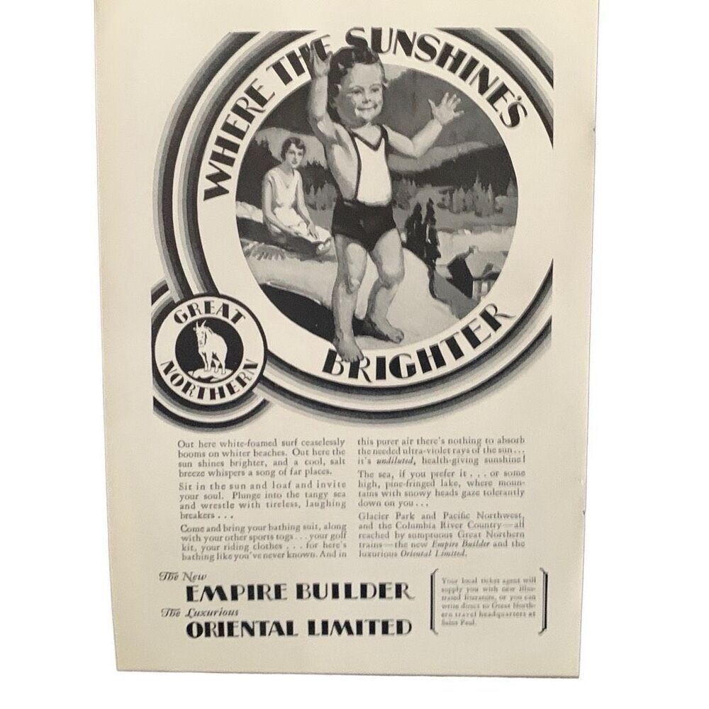 Vintage 1930 Great Northern Sunshine’s Brighter Ad Ad Advertisment